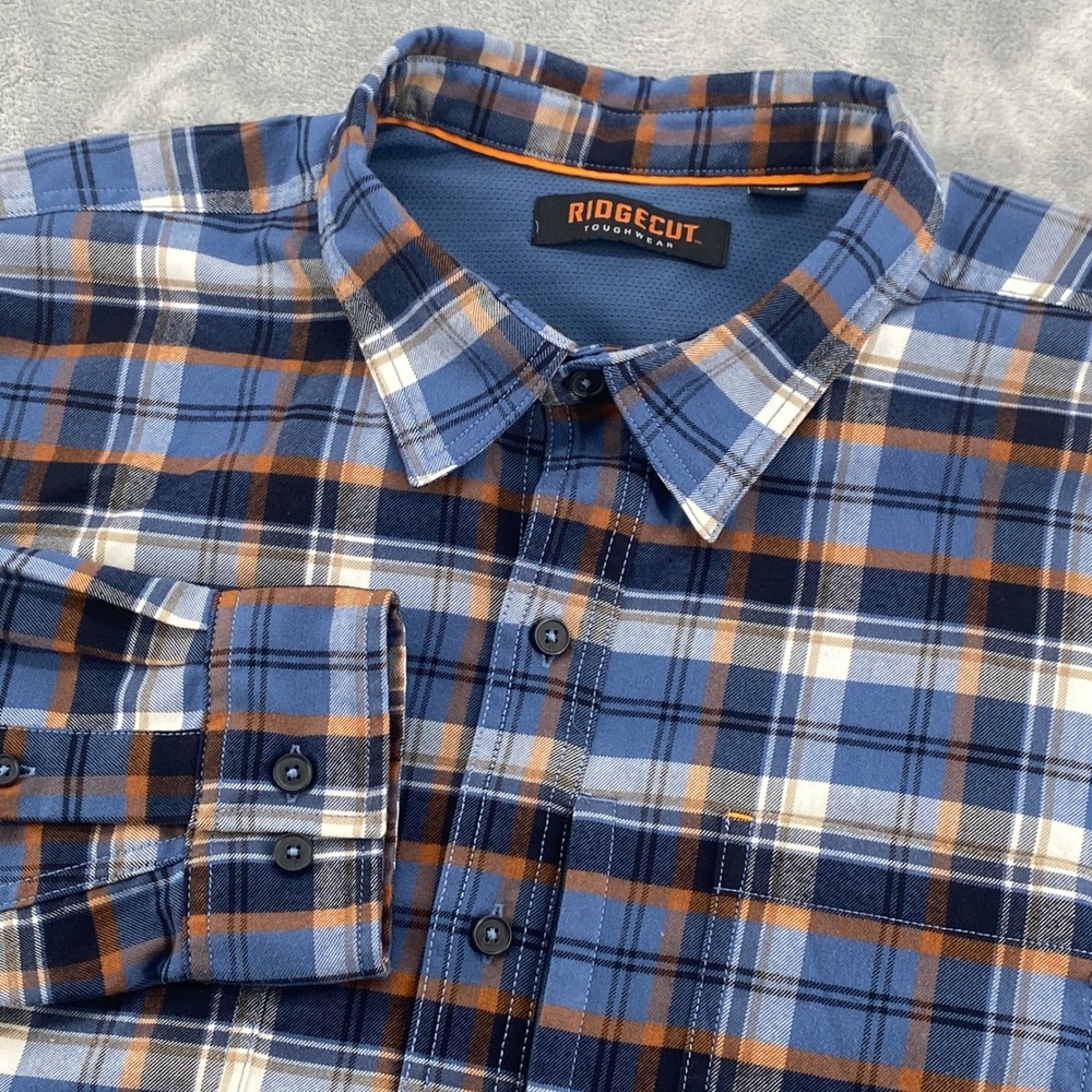 Ridgecut‎ Toughwear Mens 2XL Blue Orange Plaid Flannel Mesh Lined Work Shirt